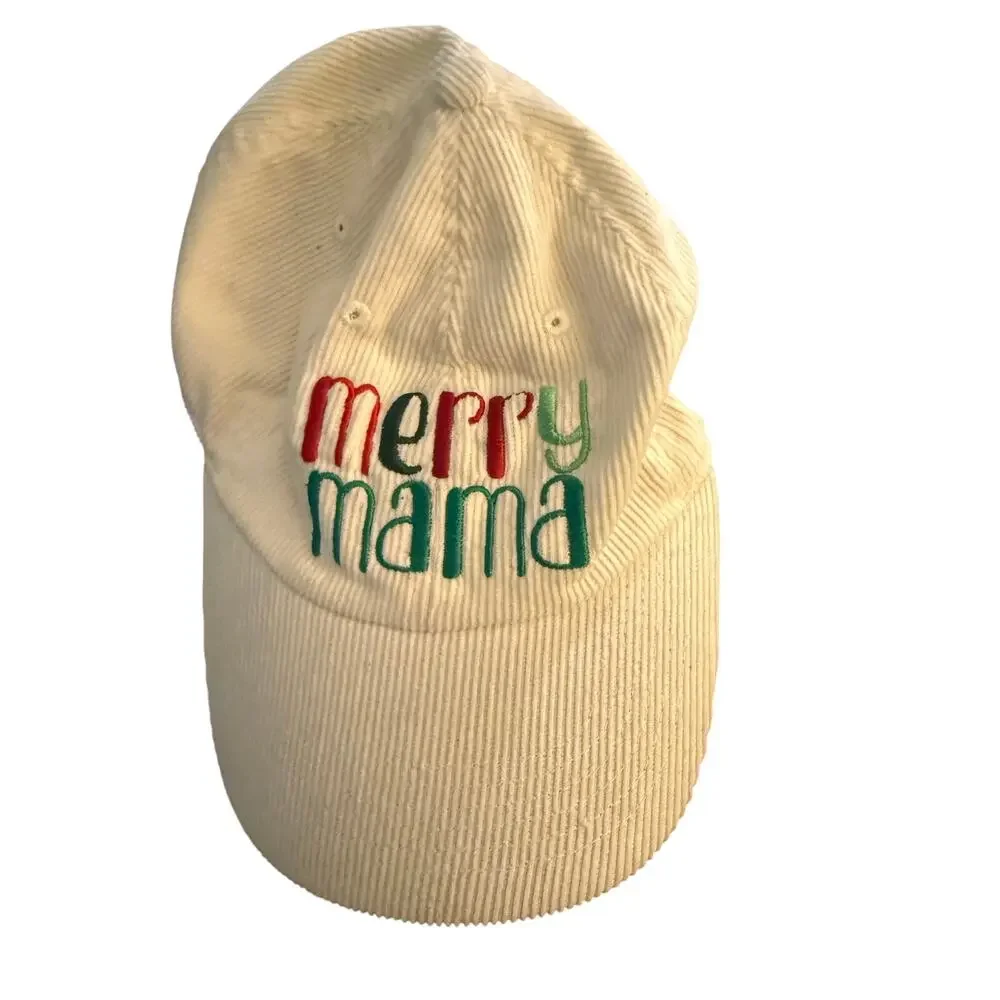 Vibes Hat Merry Mama Corduroy Adjustable Baseball Cap White Embroidered Holiday